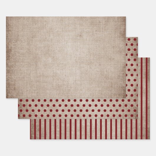 Rustieke jute burgundy stippen strepen effen inpakpapier vel (Set)