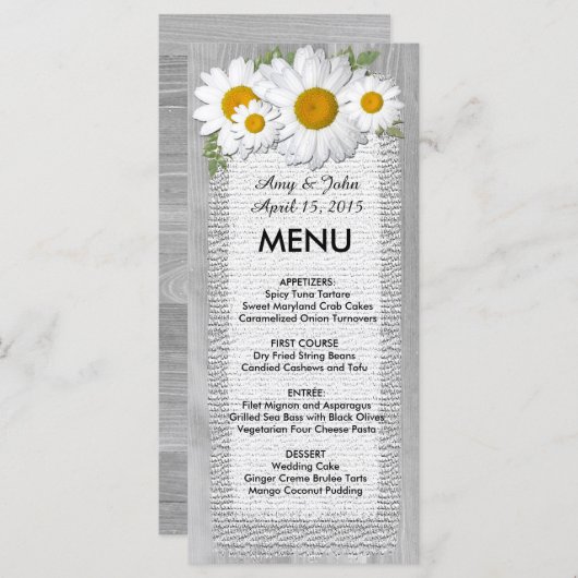 Rustieke jute daisy bruiloft menu daisy2 (Voorkant / Achterkant)