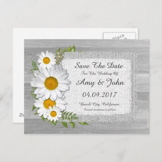 Rustieke jute daisy bruiloft opslaan van de datum  aankondigingskaart (Voorkant / Achterkant)