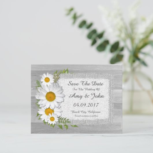 Rustieke jute daisy bruiloft opslaan van de datum aankondigingskaart (Staand voorkant)