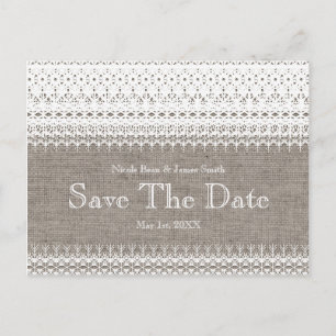 Rustieke jute en elegante kant trouw save the date aankondigingskaart