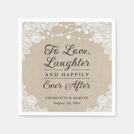 Rustieke jute en kant gelukkig ooit na bruiloft servet (Voorkant)