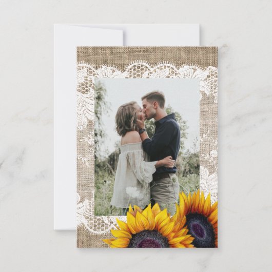 Rustieke jute en kant zonnebloemen FOTO bruiloft Save The Date (Achterkant)