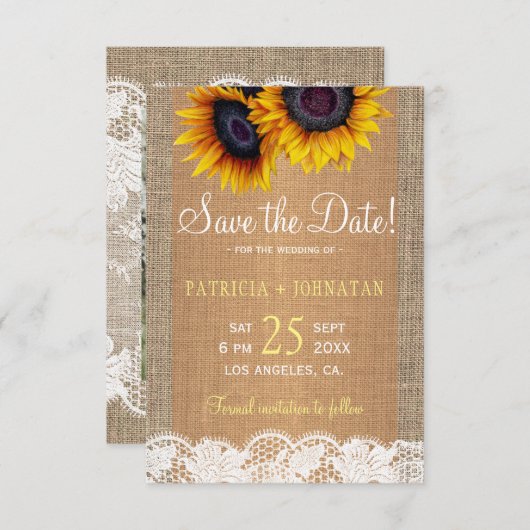 Rustieke jute en kant zonnebloemen FOTO bruiloft Save The Date (Voorkant / Achterkant)