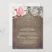 Rustieke jute en roze bloemen Kant goud bruiloft Kaart (Voorkant)