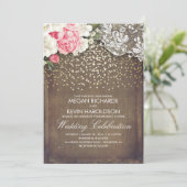 Rustieke jute en roze bloemen Kant goud bruiloft Kaart (Staand voorkant)