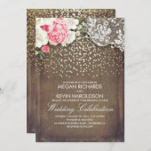Rustieke jute en roze bloemen Kant goud bruiloft Kaart (Voorkant / Achterkant)