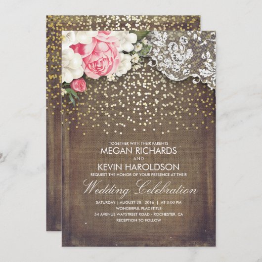 Rustieke jute en roze bloemen Kant goud bruiloft Kaart (Voorkant / Achterkant)