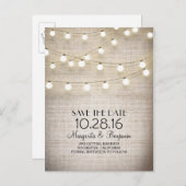 Rustieke jute- en strijklichten slaan de datum op aankondigingskaart (Voorkant / Achterkant)