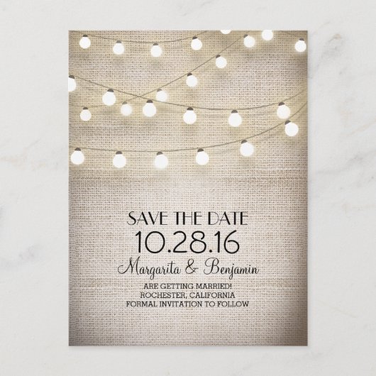 Rustieke jute- en strijklichten slaan de datum op aankondigingskaart (Voorkant)