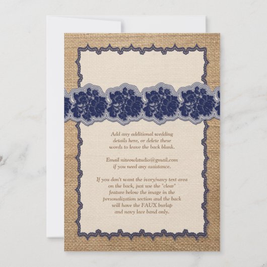 Rustieke jute, GEDRUKTE kant, boog bruiloft uitnod Kaart (Achterkant)