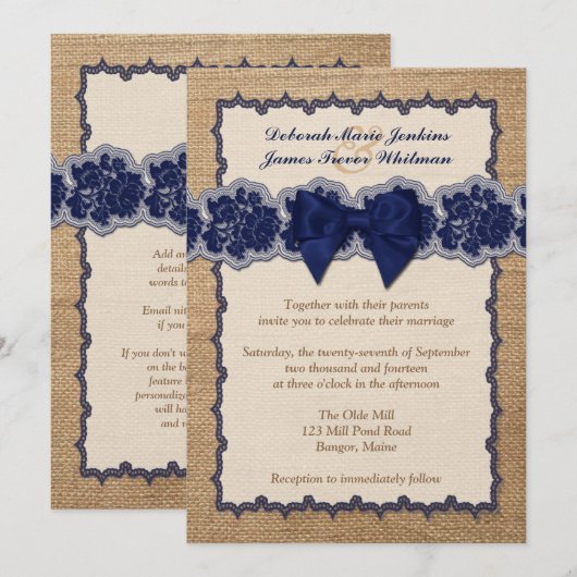 Rustieke jute, GEDRUKTE kant, boog bruiloft uitnod Kaart (Voorkant / Achterkant)