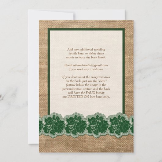 Rustieke jute, GEDRUKTE kant, boog bruiloft uitnod Kaart (Achterkant)