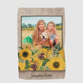 Rustieke jute gele zonnebloemen foto golfhanddoek