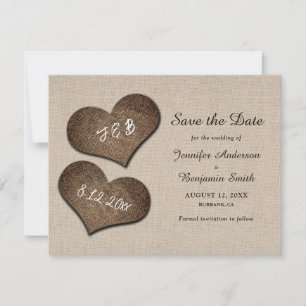 Rustieke jute harten trouw save the date foto