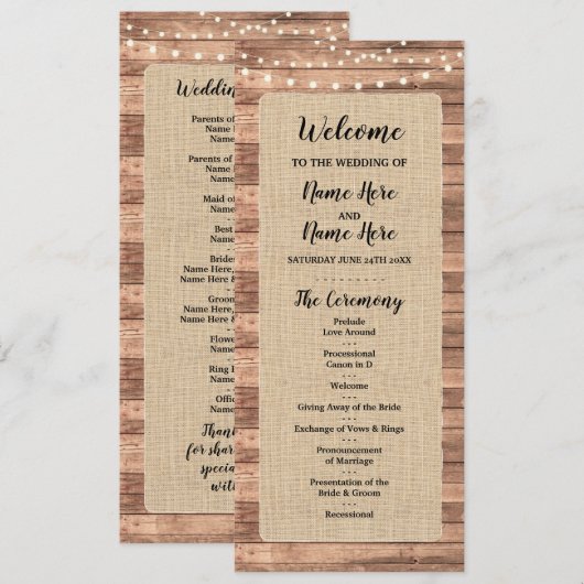 Rustieke jute houten lichten trouwprogramma programmakaart (Voorkant / Achterkant)