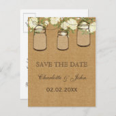 Rustieke jute ivoor rozen metselaar potten opslaan aankondigingskaart (Voorkant / Achterkant)