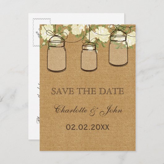 Rustieke jute ivoor rozen metselaar potten opslaan aankondigingskaart (Voorkant / Achterkant)