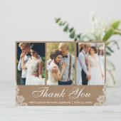 Rustieke jute kant 3 foto trouw bedankje bedankkaart (Staand voorkant)