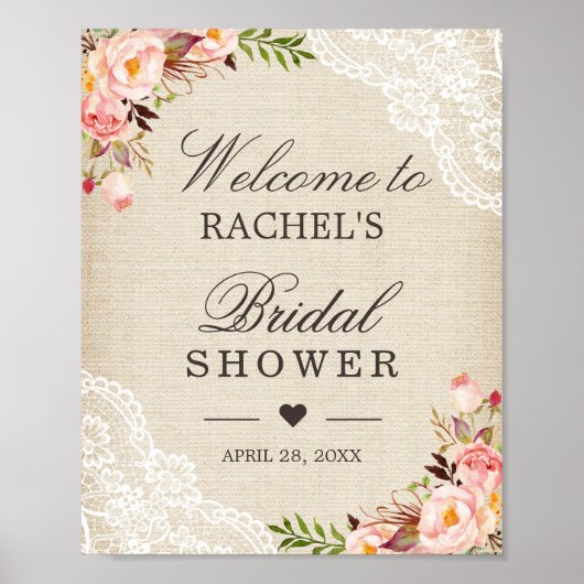 Rustieke jute kant bloem bruiloft borrel bord poster (Voorkant)