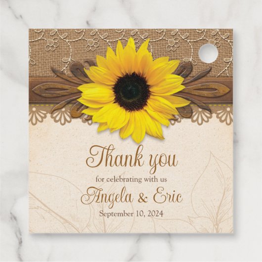 Rustieke jute kant hout zonnebloem bruiloft bedankjes labels (Achterkant)