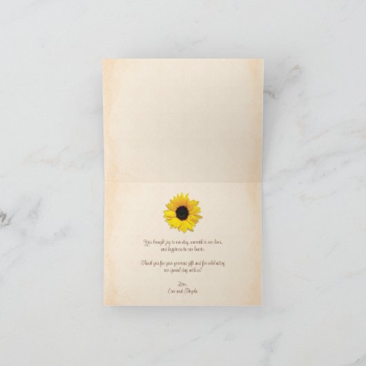 Rustieke jute kant hout zonnebloem bruiloft bedankkaart (Binnen)