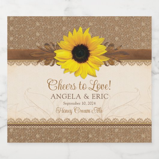 Rustieke jute kant hout zonnebloem bruiloft bier etiket (Enkel label)