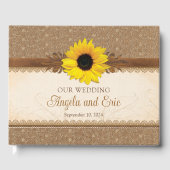 Rustieke jute kant hout zonnebloem bruiloft gastenboek (Voorkant)