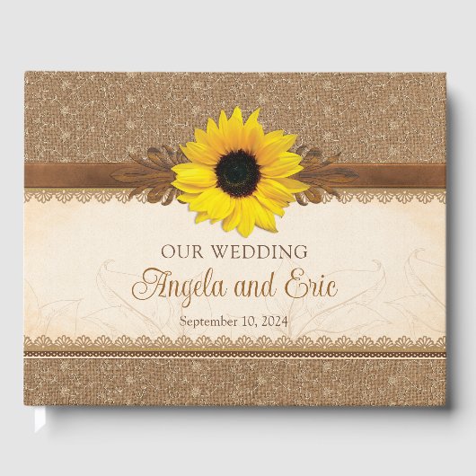 Rustieke jute kant hout zonnebloem bruiloft gastenboek (Voorkant)