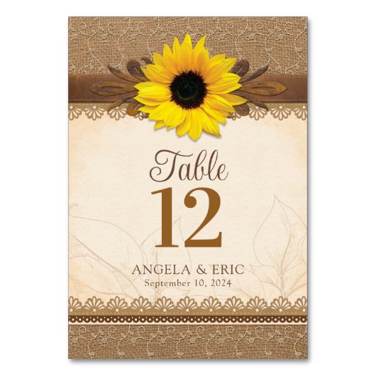 Rustieke jute kant hout zonnebloem bruiloft kaart (Achterkant)