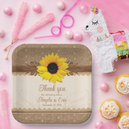 Rustieke jute kant hout zonnebloem bruiloft papieren bordje (Feest)