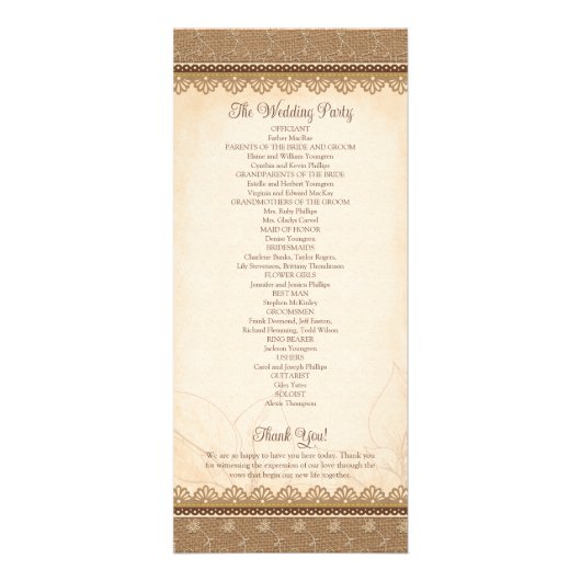 Rustieke jute kant hout zonnebloem bruiloft progra reclamekaart (Achterkant)