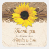 Rustieke jute kant hout zonnebloem bruiloft vierkante sticker (Voorkant)