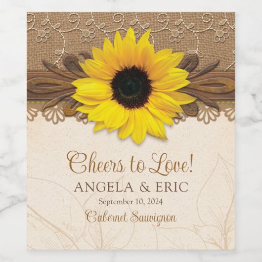 Rustieke jute kant hout zonnebloem bruiloft wijn etiket (Enkel label)