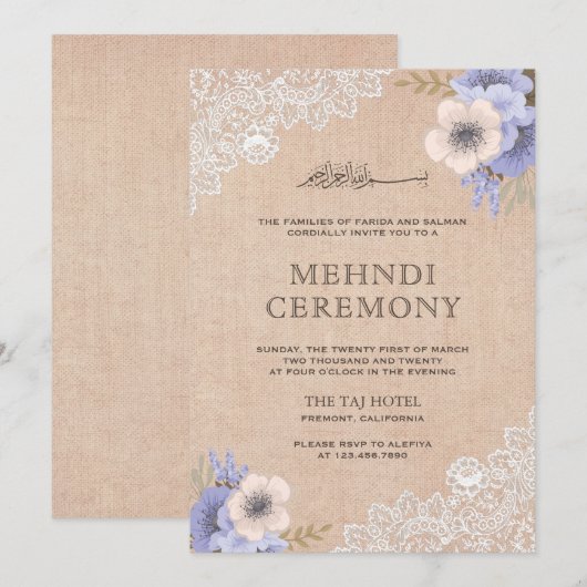 Rustieke jute kant paarse bloem islamitische Mehnd Kaart (Voorkant / Achterkant)