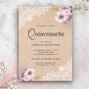 Rustieke jute kant roze bloem Quinceanera Kaart