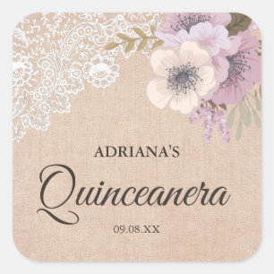 Rustieke jute kant roze bloem sticker voor Quincea