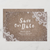 Rustieke jute kant zilver glitters bewaar de datum save the date (Voorkant / Achterkant)