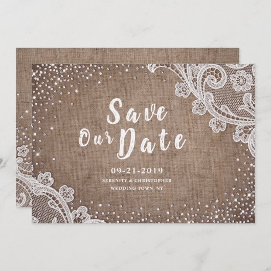 Rustieke jute kant zilver glitters bewaar de datum save the date (Voorkant / Achterkant)