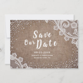 Rustieke jute kant zilver glitters bewaar de datum save the date