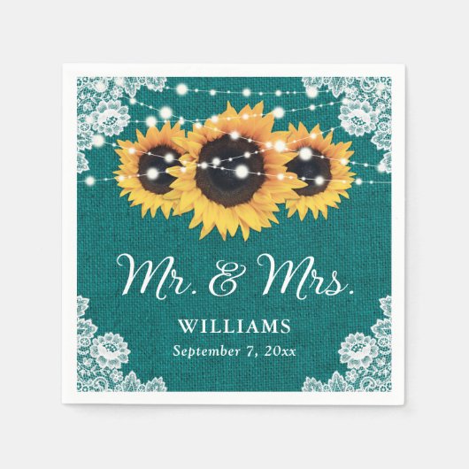 Rustieke jute kant zonnebloem Blauwgroen bruiloft Servet (Voorkant)