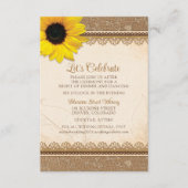 Rustieke jute kant zonnebloem bruiloft receptie informatiekaartje (Voorkant)