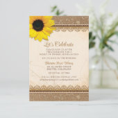 Rustieke jute kant zonnebloem bruiloft receptie informatiekaartje (Staand voorkant)