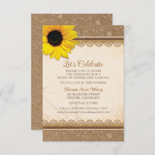 Rustieke jute kant zonnebloem bruiloft receptie informatiekaartje