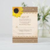 Rustieke jute kant zonnebloem bruiloft RSVP kaartje (Staand voorkant)