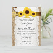 Rustieke jute, kant, zonnebloemen bruiloft uitnodi kaart (Staand voorkant)