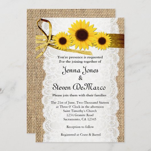 Rustieke jute, kant, zonnebloemen bruiloft uitnodi kaart (Voorkant / Achterkant)