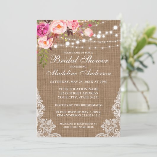 Rustieke Jute Lichten Kant Bloem Bruidsfeest Kaart (Staand voorkant)