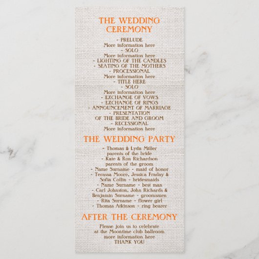 Rustieke jute mason pot zonnebloem bruiloft progra programmakaart (Achterkant)