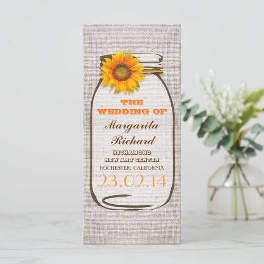 Rustieke jute mason pot zonnebloem bruiloft progra programmakaart (Staand voorkant)